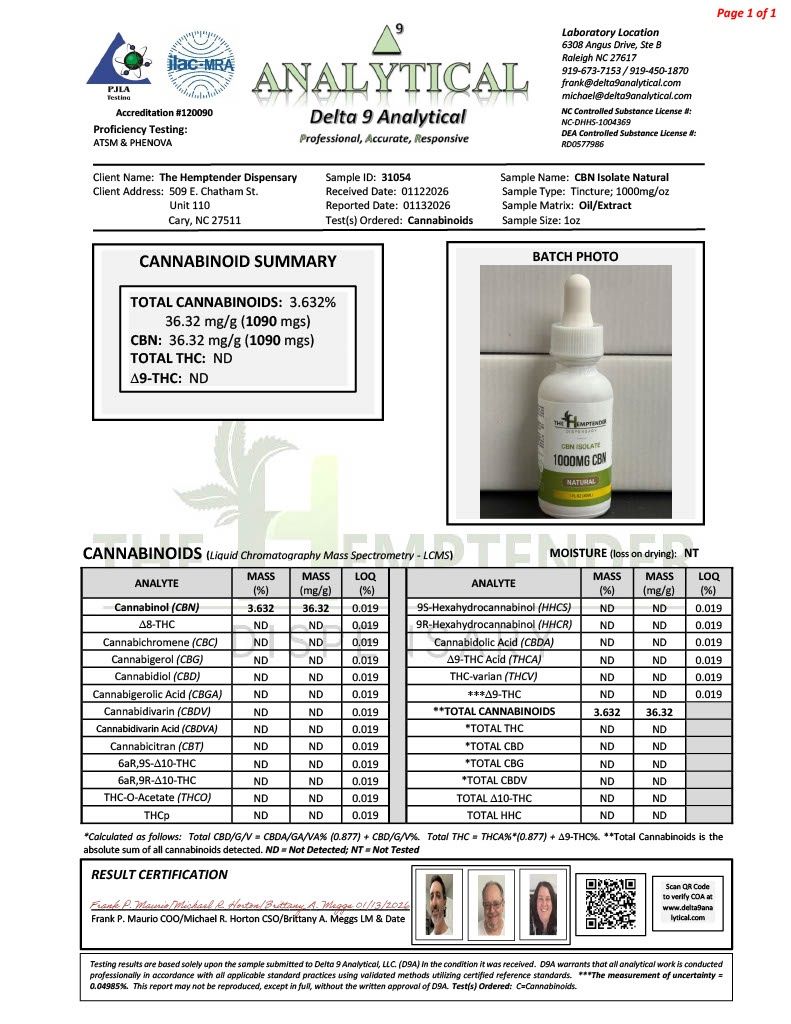 The Hemptender 1000mg  CBN Tincture  Natural Flavor