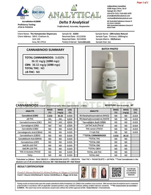 The Hemptender 1000mg  CBN Tincture  Natural Flavor