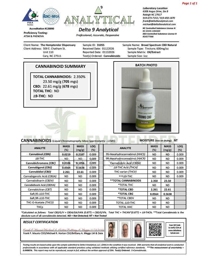 The Hemptender 600mg  Broad Spectrum  CBD Tincture  Natural Flavor