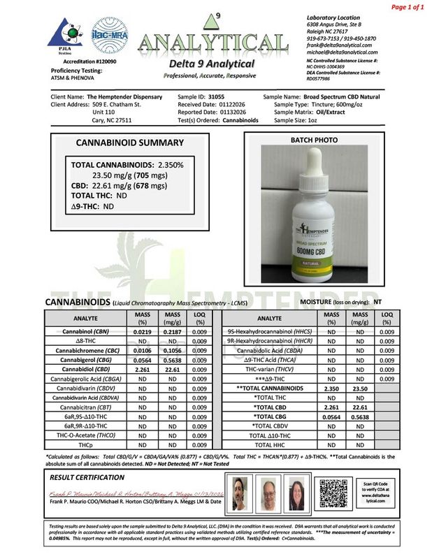 The Hemptender 600mg  Broad Spectrum  CBD Tincture  Natural Flavor