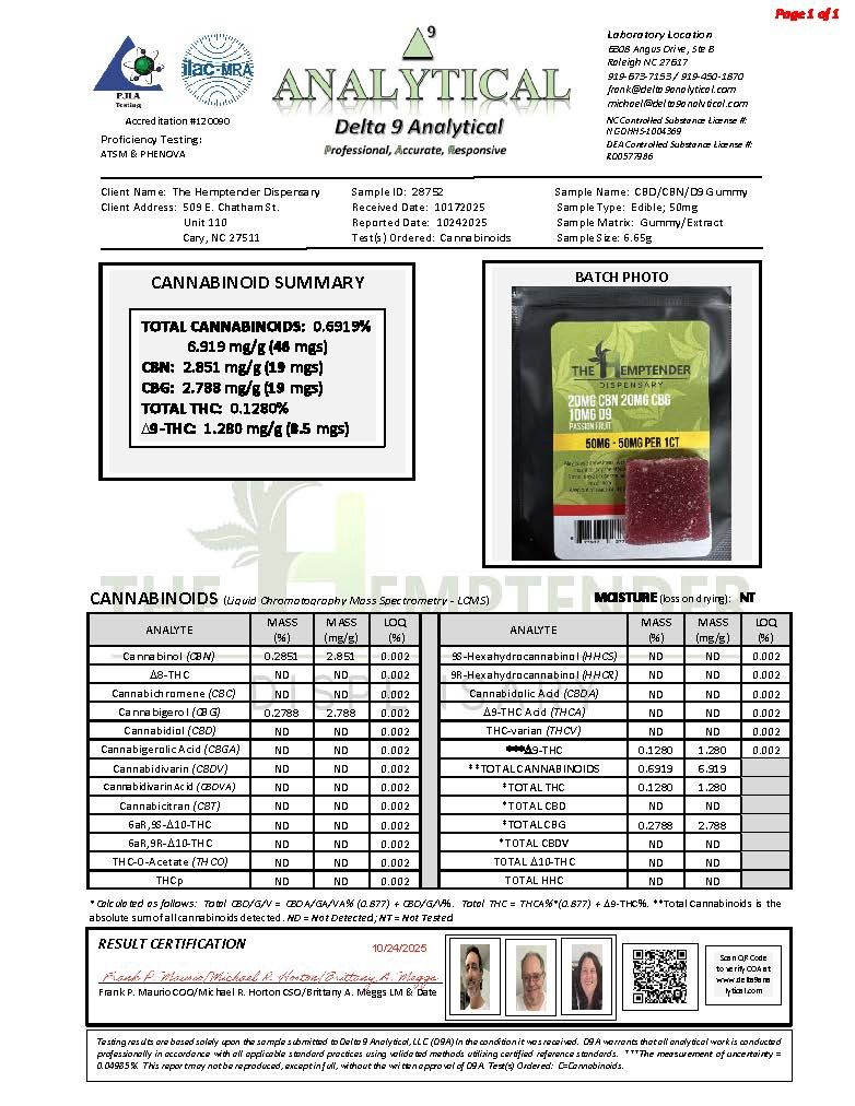 The Hemptender 40mg Delta9 + CBG + CBN  Gummy 10ct Passion Fruit