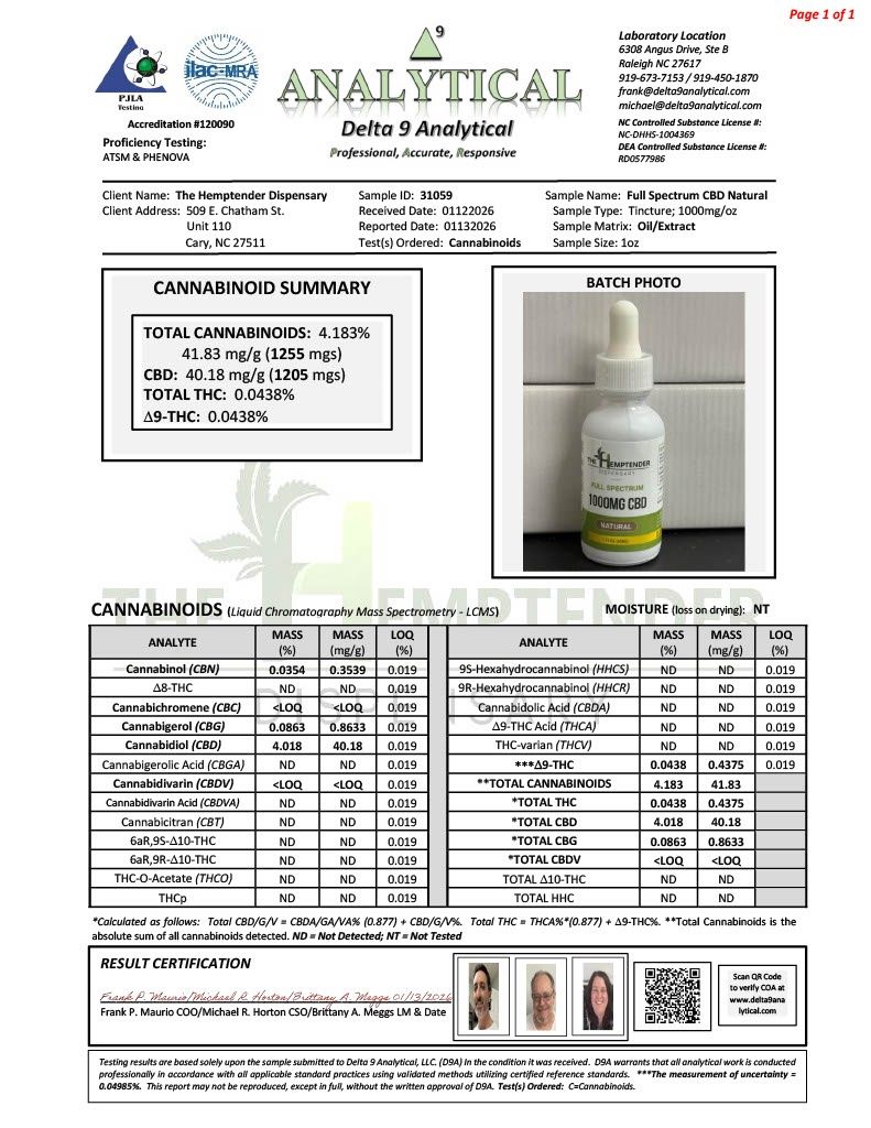 The Hemptender 1000mg  Full Spectrum  CBD Tincture  Natural Flavor