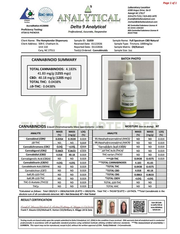 The Hemptender 1000mg  Full Spectrum  CBD Tincture  Natural Flavor