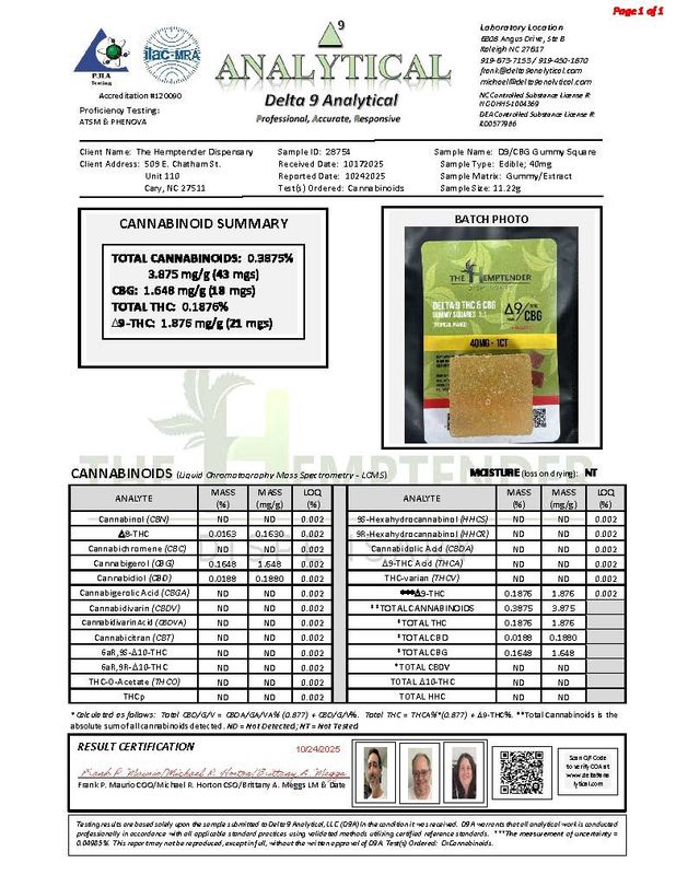 The Hemptender 40mg Delta-9 THC + CBG Gummy Squares – 10ct – Tropical Mango