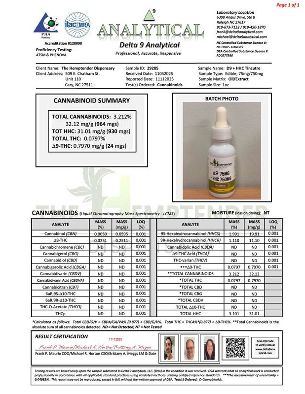 The Hemptender 825mg Delta 9 & HHC Tincture Natural Flavor The Hemptender 825mg Delta 9 & HHC Tincture Natural Flavor