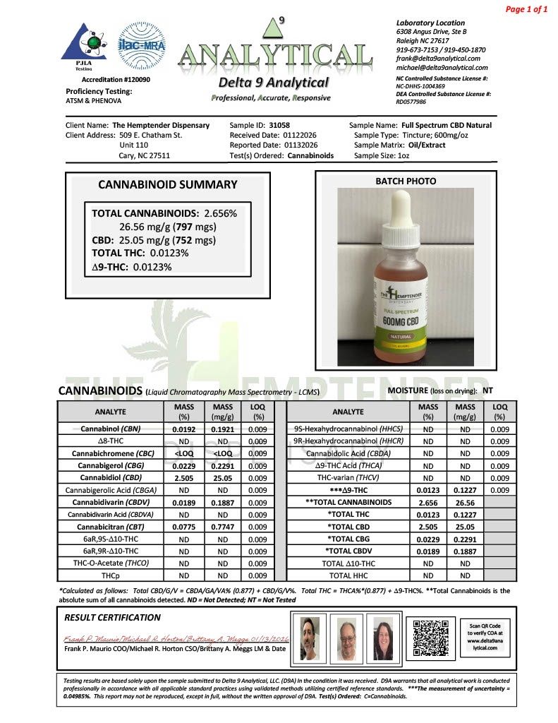 The Hemptender 600mg  Full Spectrum CBD Tincture  Natural Flavor