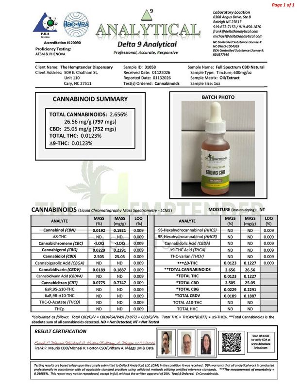 The Hemptender 600mg  Full Spectrum CBD Tincture  Natural Flavor