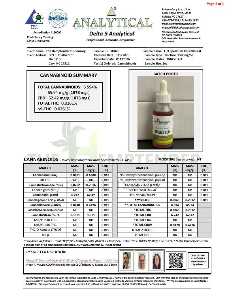 The Hemptender 1500mg  Full Spectrum CBD Tincture  Natural Flavor