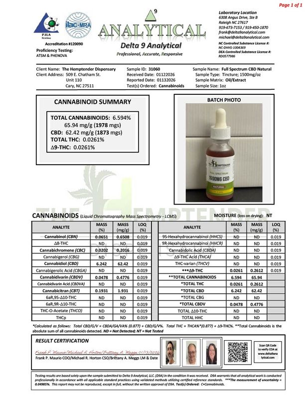 The Hemptender 1500mg  Full Spectrum CBD Tincture  Natural Flavor
