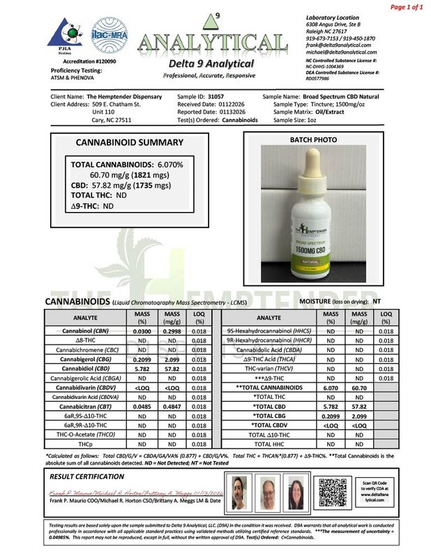 The Hemptender 1500mg  Broad Spectrum CBD Tincture  Natural Flavor