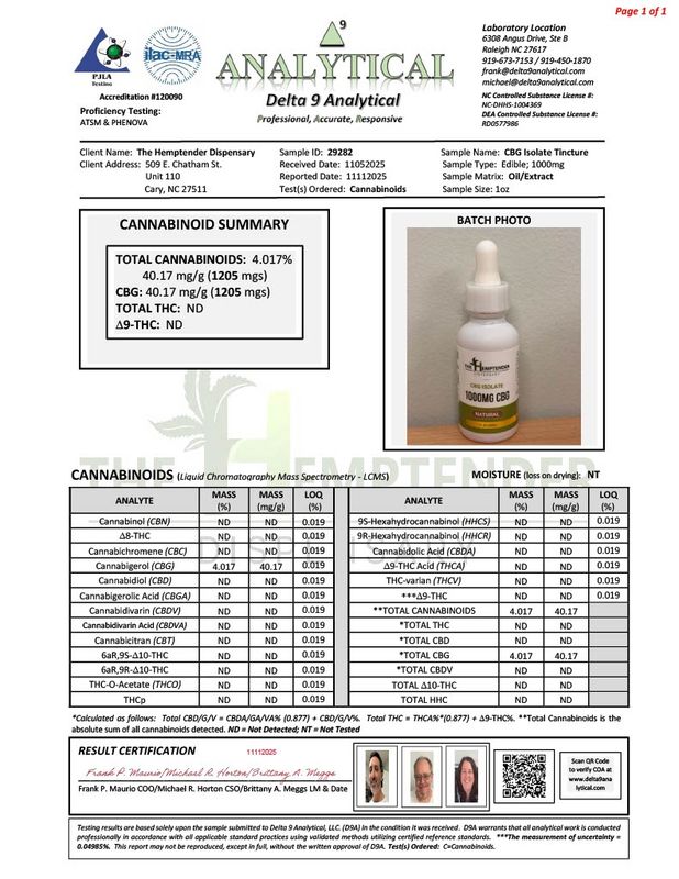 The Hemptender 1000mg  CBG Tincture  Natural Flavor