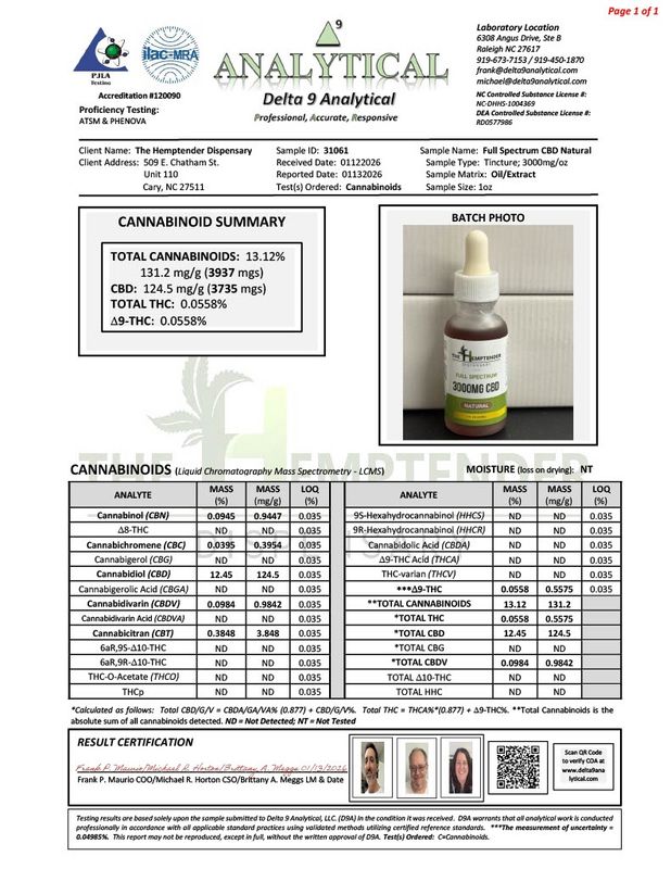 The Hemptender 3000mg  Full Spectrum  CBD Tincture  Natural Flavor