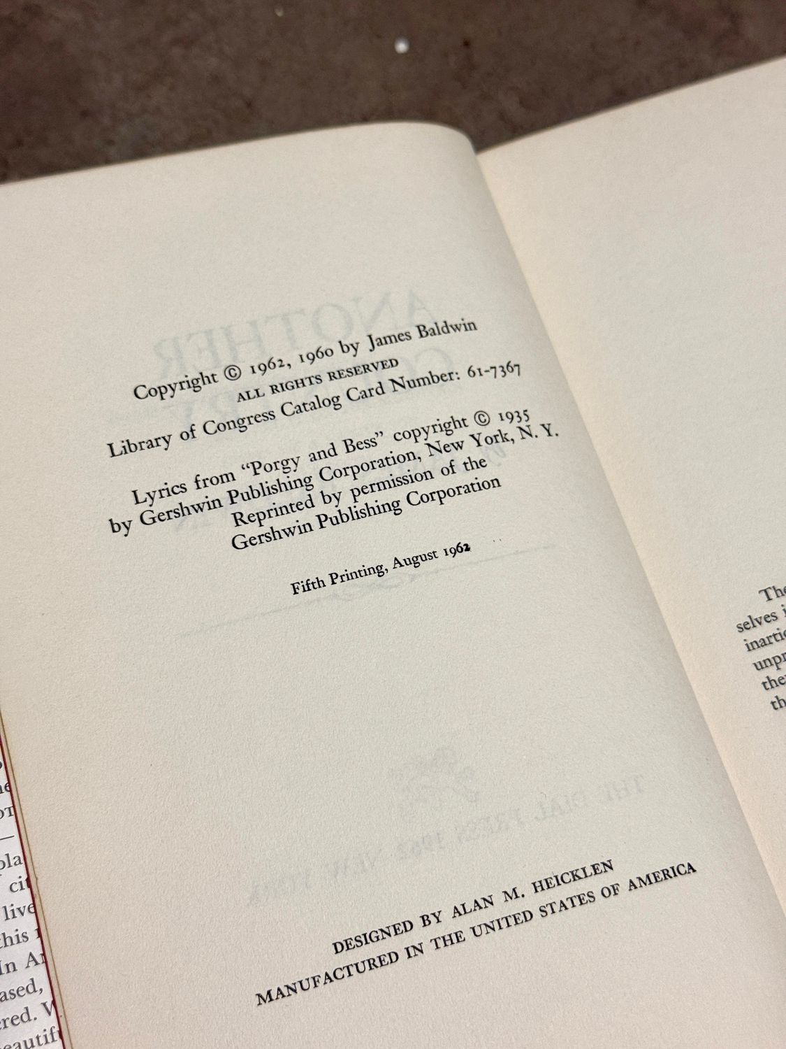 Another Country by James Baldwin (Dial Press Hardcover Edition, Fifth Printing 1962)