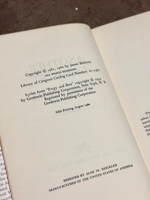 Another Country by James Baldwin (Dial Press Hardcover Edition, Fifth Printing 1962)