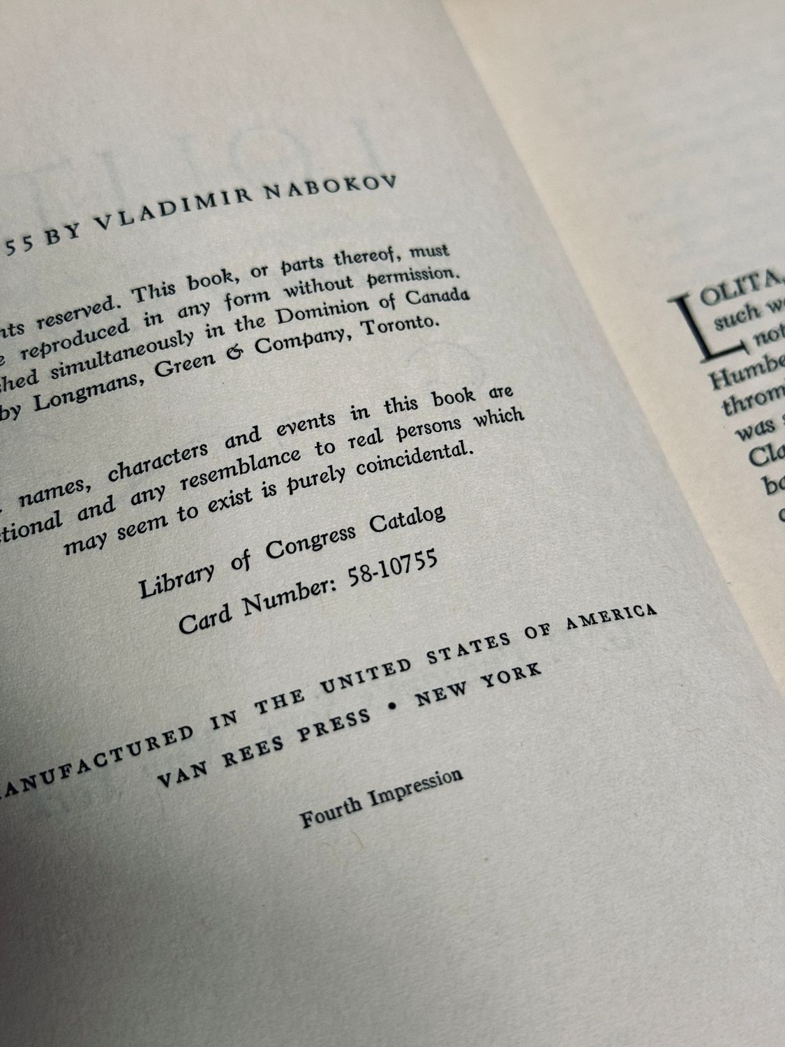 Lolita by Vladimir Nabokov (G.P. Putnam’s Sons Hardcover Edition, Fourth Impression 1958)