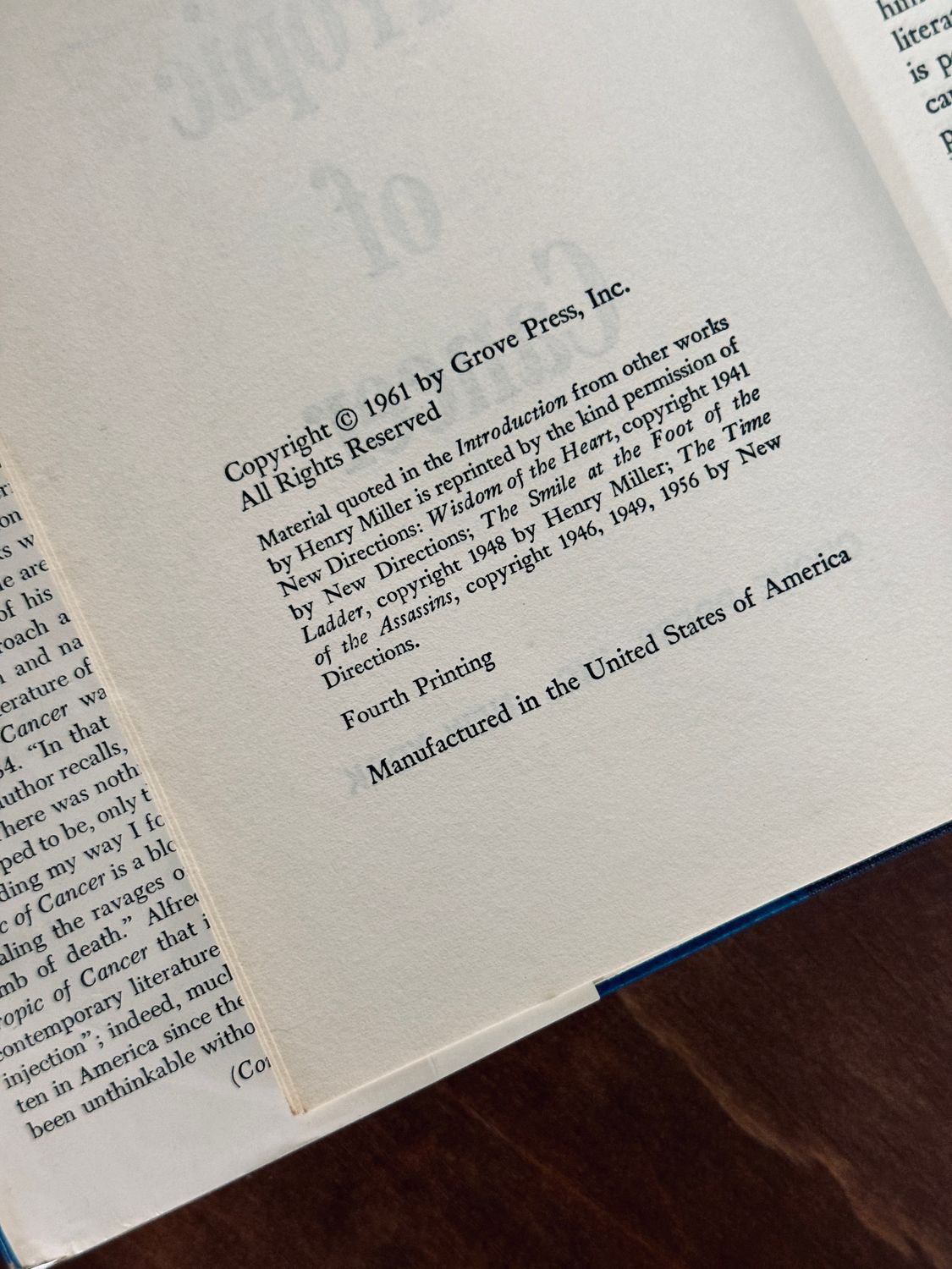 Tropic of Cancer by Henry Miller (Grove Press Hardcover Edition, Fourth Printing 1961)