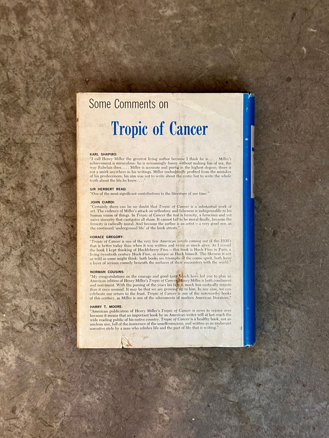 Tropic of Cancer by Henry Miller (Grove Press Hardcover Edition, Fourth Printing 1961)