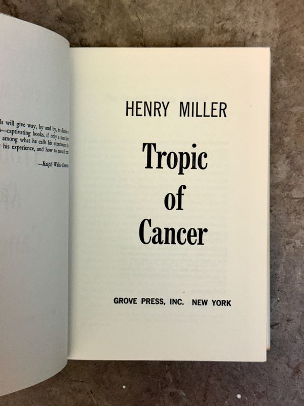 Tropic of Cancer by Henry Miller (Grove Press Hardcover Edition, Fourth Printing 1961)