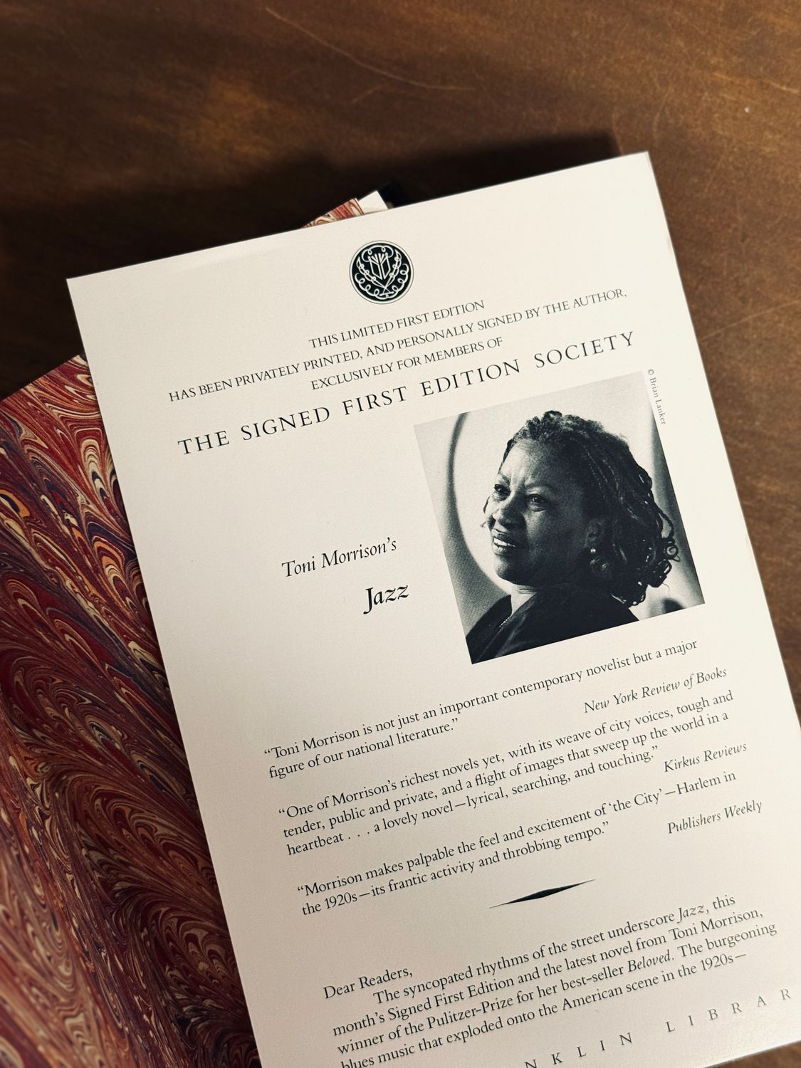 Jazz by Toni Morrison (Franklin Library Signed First Edition Society)