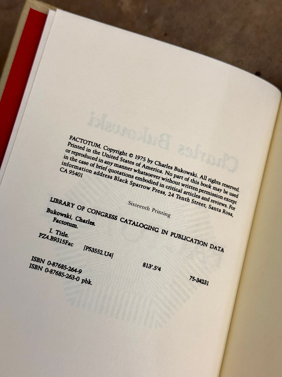 Factotum by Charles Bukowski (Black Sparrow Press, 16th Printing, Hardcover)