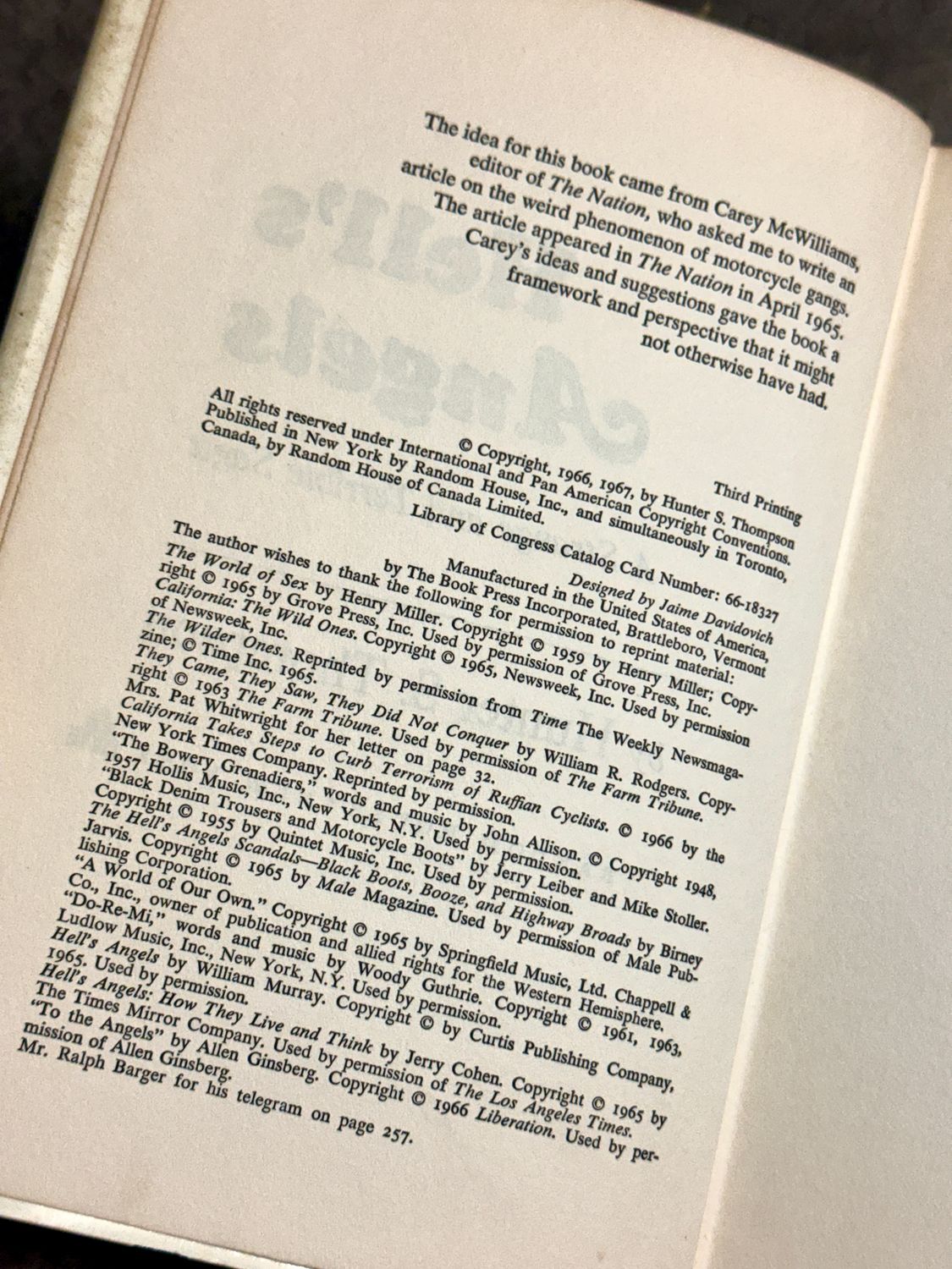 Hell’s Angels by Hunter S. Thompson (1967 Random House Hardcover, Third Printing)