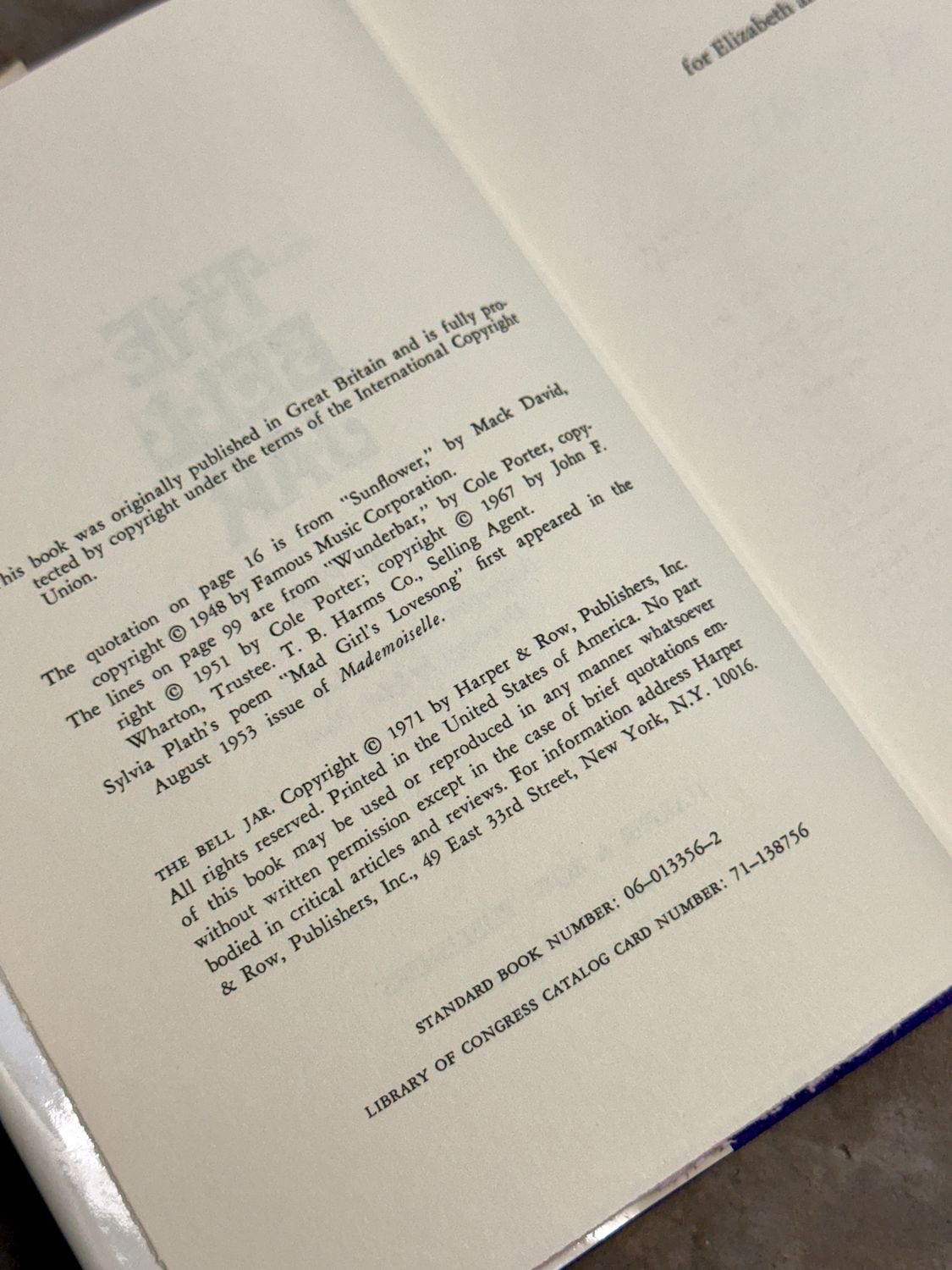 The Bell Jar by Sylvia Plath (Harper &amp; Row First U.S. Edition, Sixth Printing, 1971)