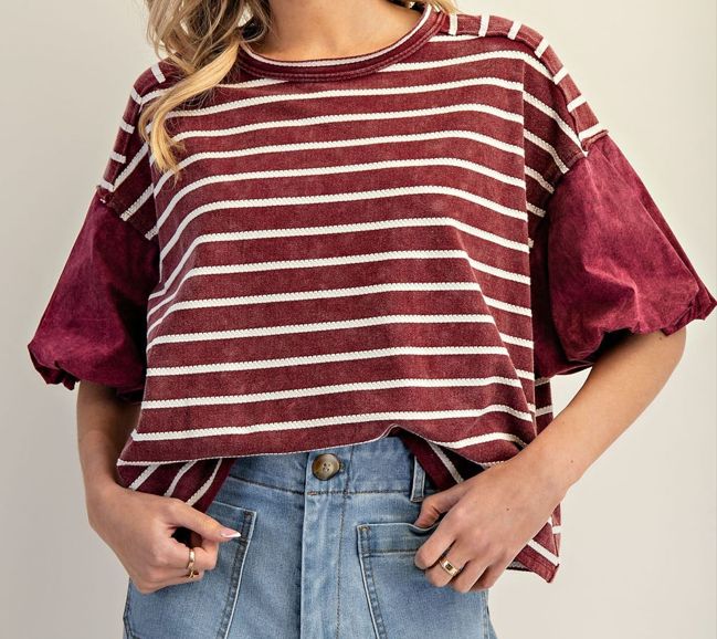 Wine Striped Puff Sleeve Top