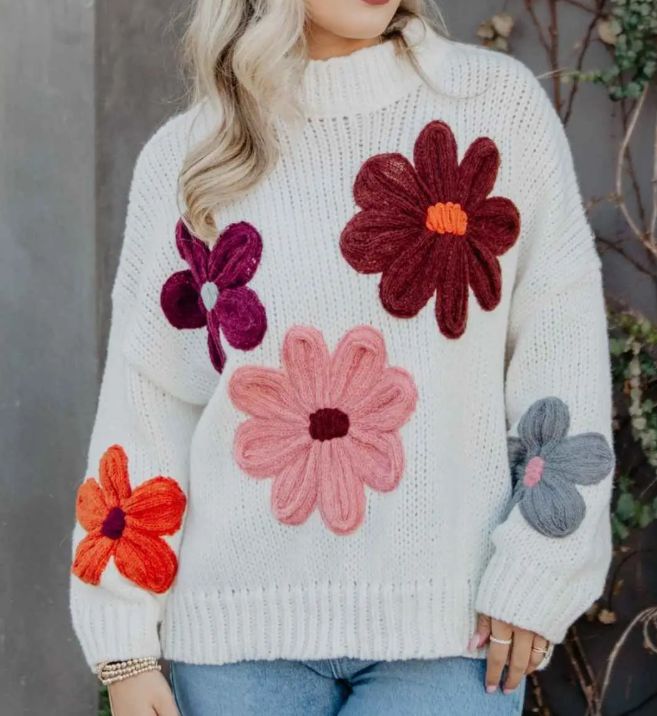 Tan Floral Fall Crocheted Sweater