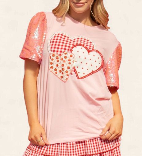 Pink Heart Sequin Sleeve Top, Size: XS