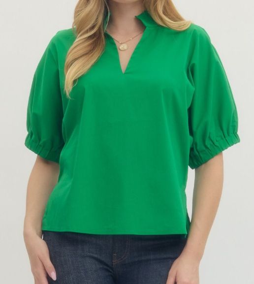 Solid Green Puff Sleeve Top
