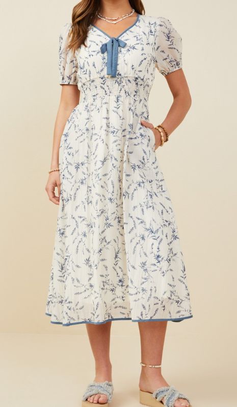 Bow Detail Blue Floral Dress