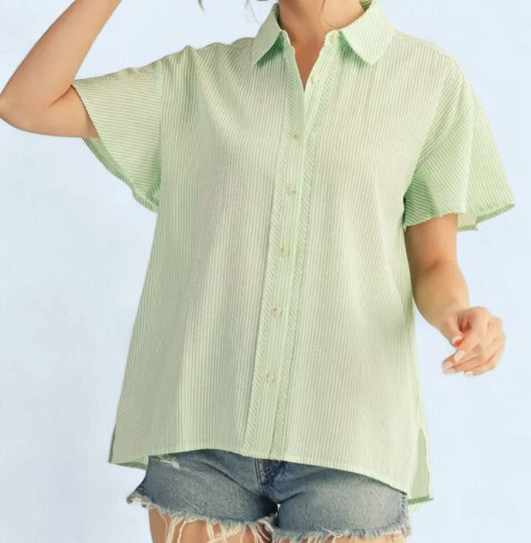 Mint Seersucker Button Top