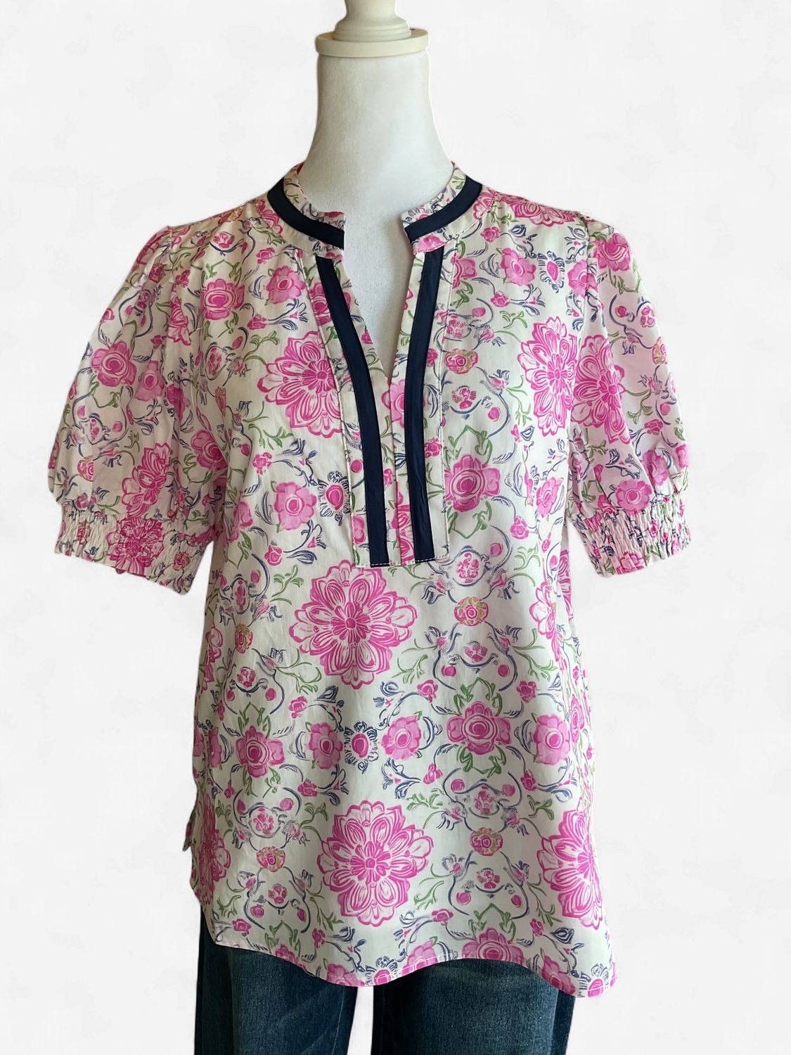 Blush Floral Navy Accent Blouse