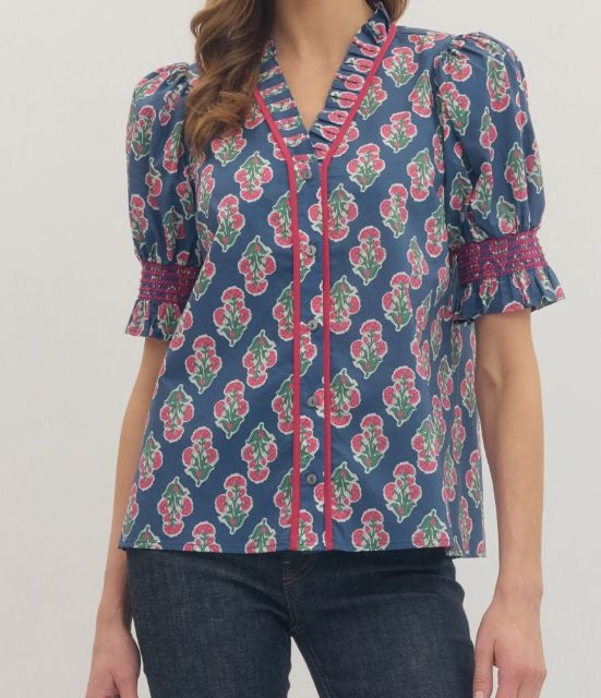 Navy Blue Floral Print Top, Size: Sm