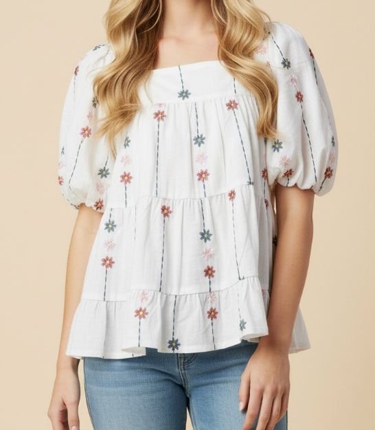 Floral Embroidered Tiered Top