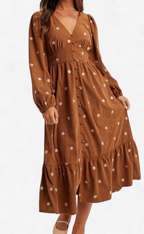 Embroidery Corduroy Midi Dress
