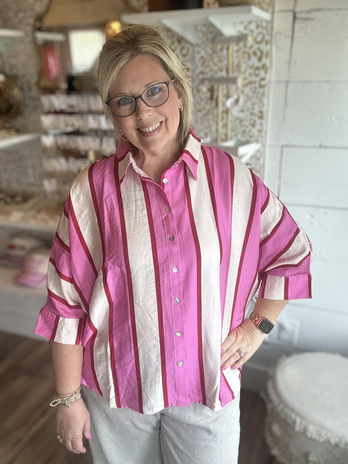 Cream + Pink Striped Top