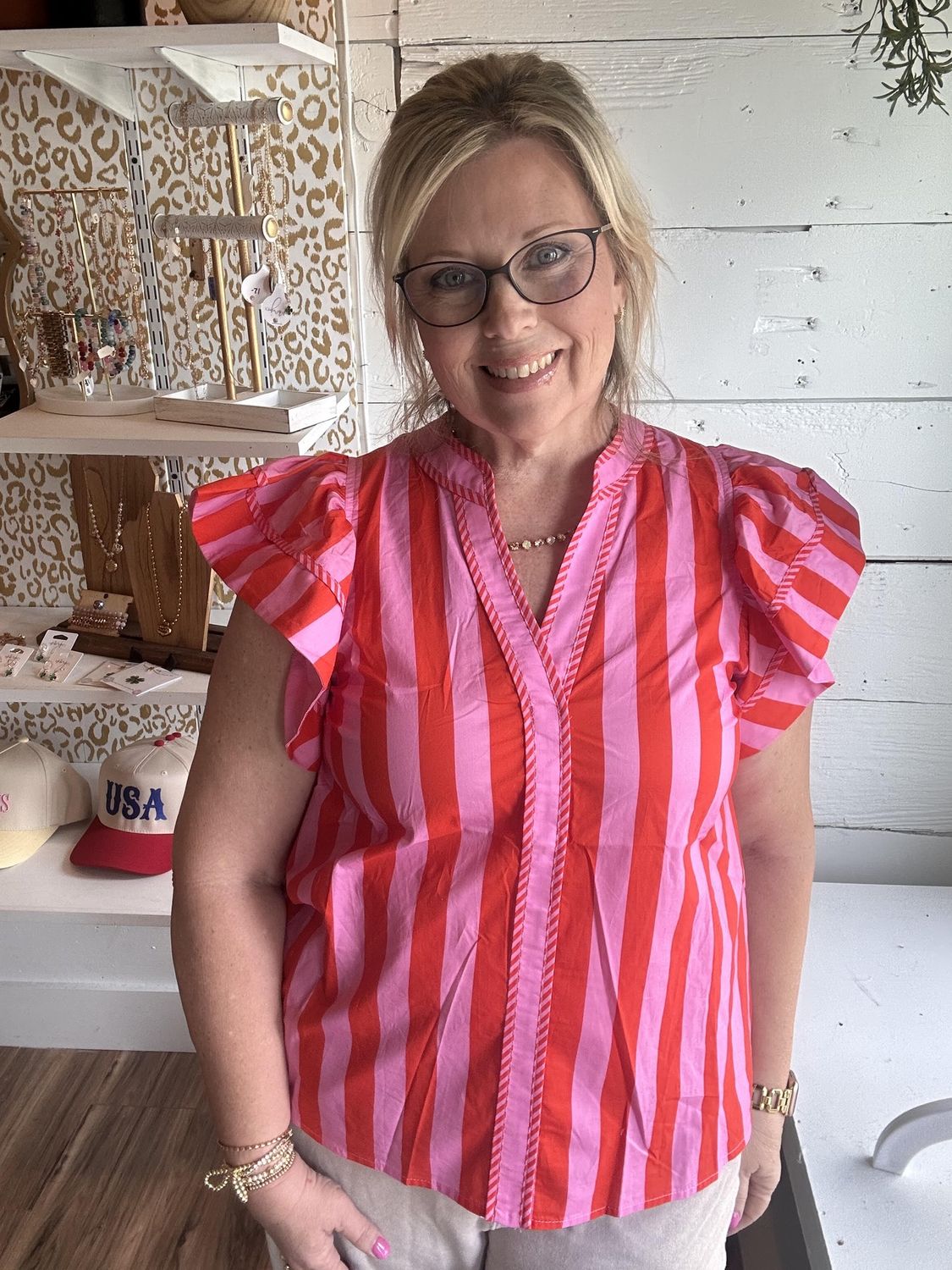 Pink + Orange Ruffled Sleeve Top, Size: Sm