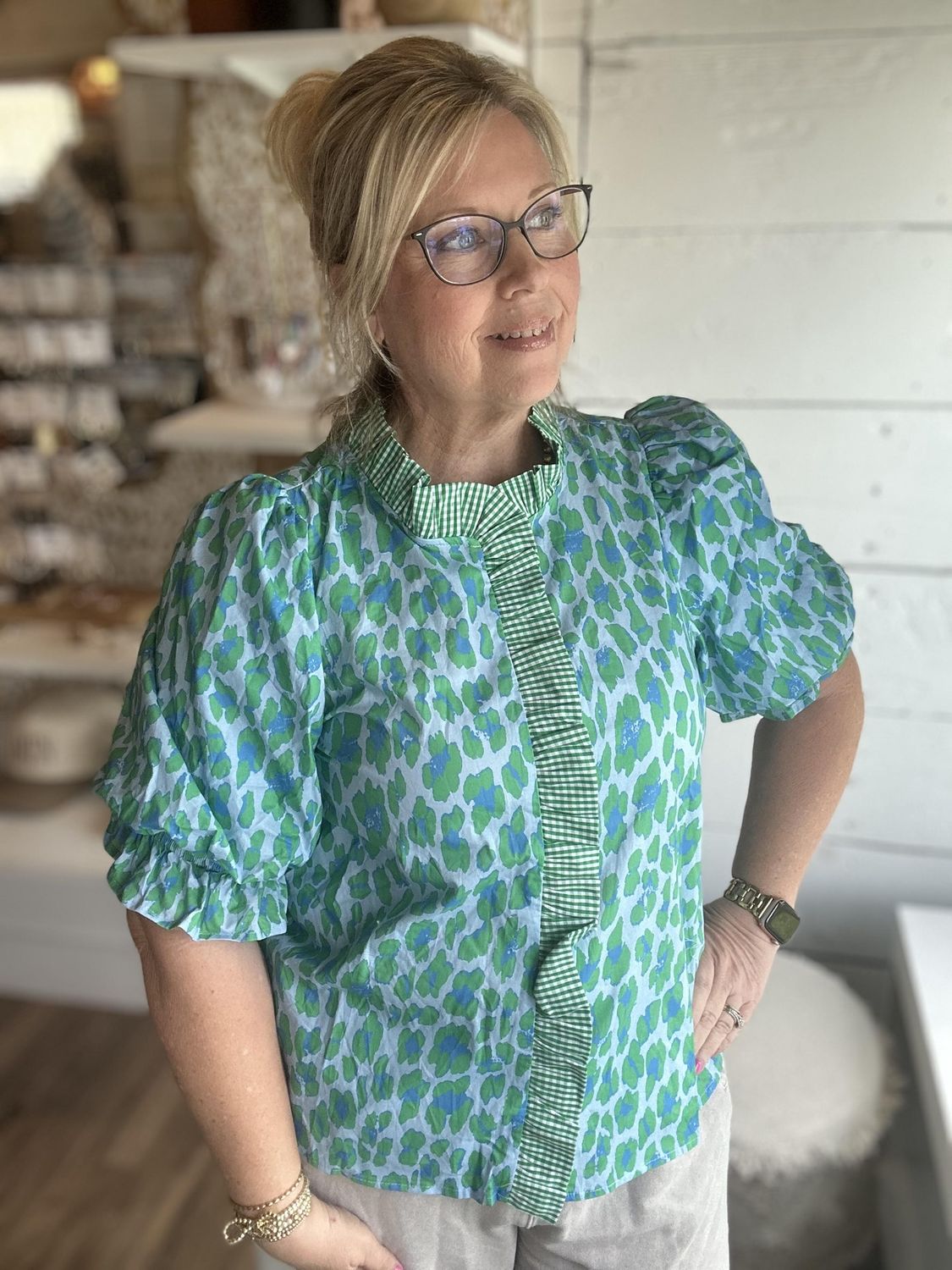 Green/Blue Leopard Top