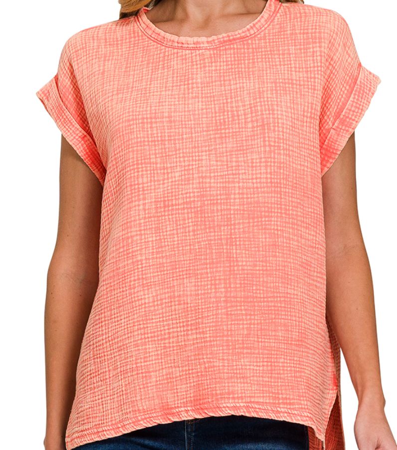 Summer Gauze Tops, Color: Coral, Size: Sm