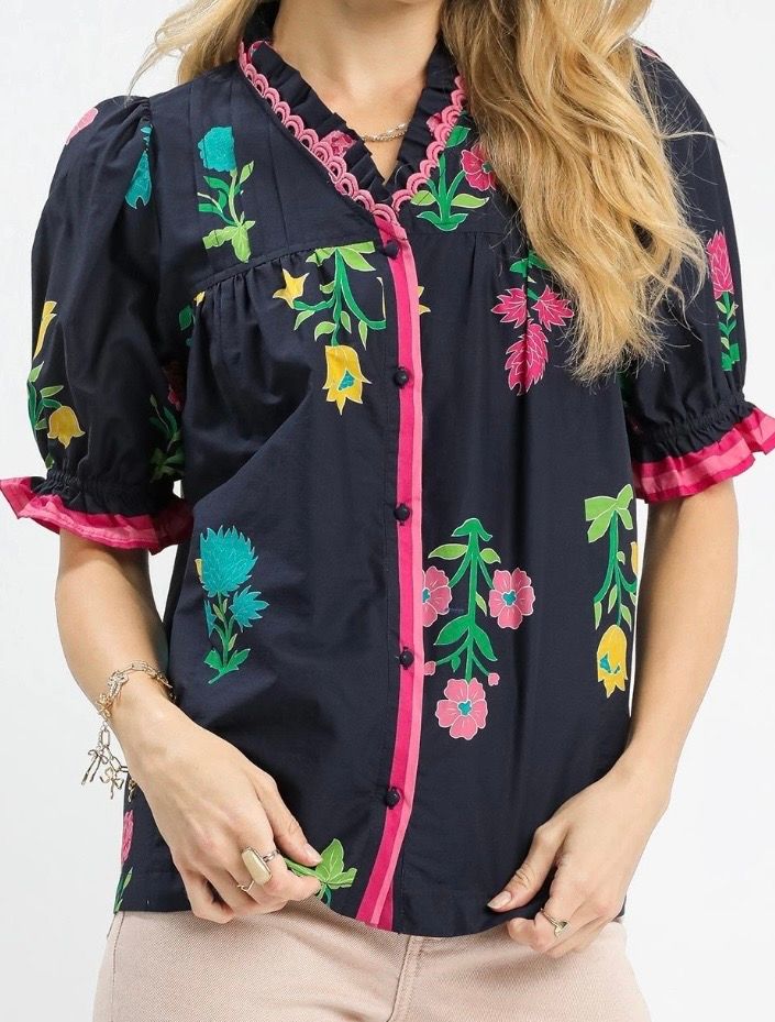 Navy Petal Parade Blouse, Size: Sm