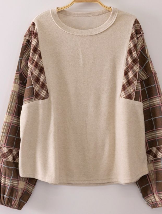 Oatmeal Contrast Sleeve Top, Size: Sm