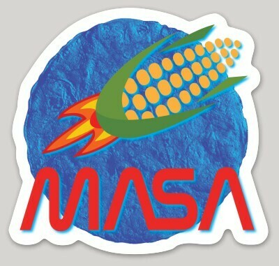 NASA, MASA, Mexican Mayan sticker, blue corn tortilla planet, space travel sticker, laptop water bottle sticker, corn rocket sticker