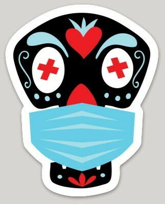 Day of the Dead calaca, Mexican skull, calavera sticker, skull with face mask, vinyl laptop water bottle sticker, Dia de Los Muertos gift