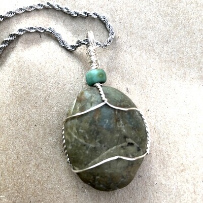Fossilized Gem Stone, Wire Wrapped, Handmade Pendant
