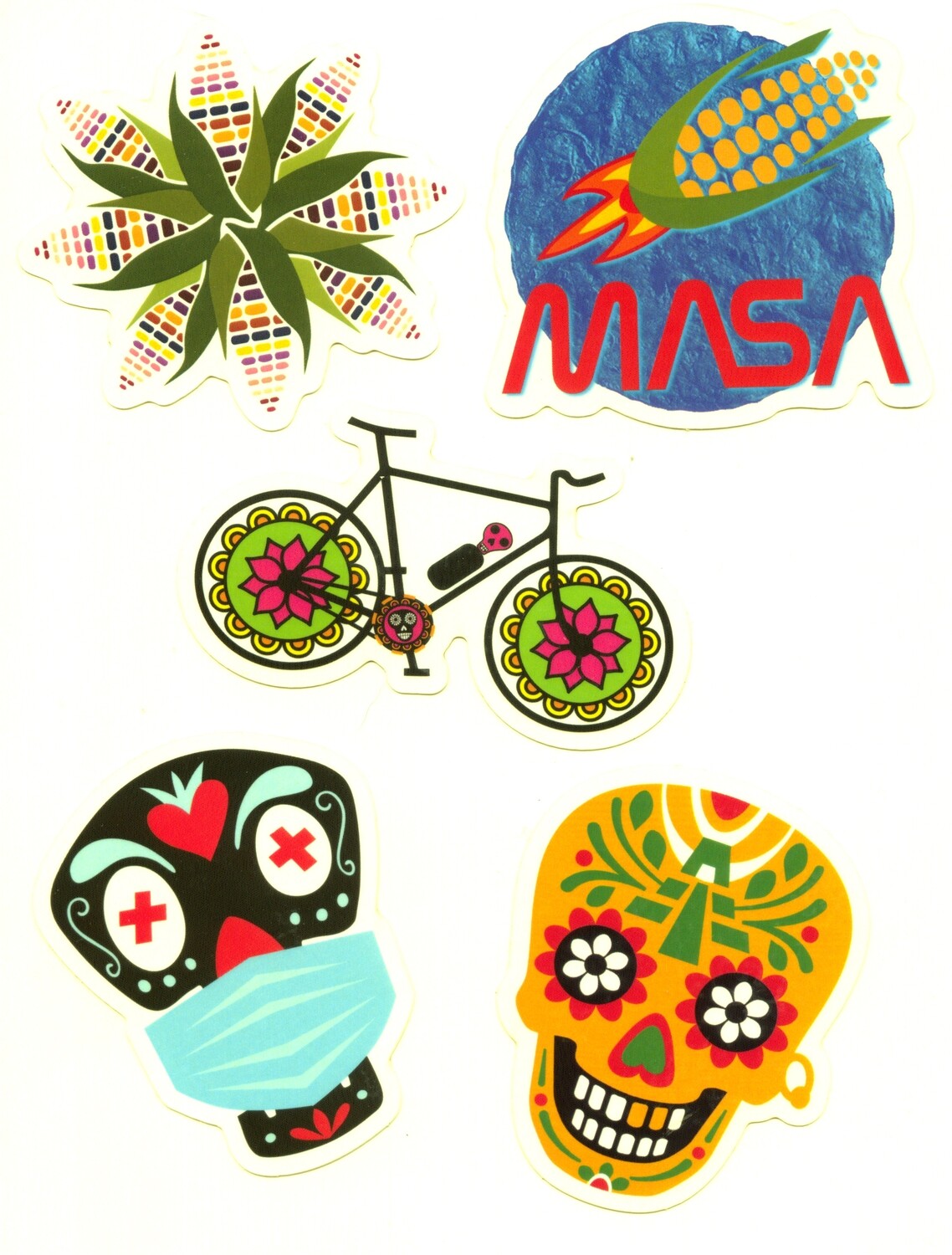 5 Sticker Bundle deal, Día de Los Muertos, Day of The Dead, Calaca, Mexican skull, Sacred Corn, NASA MASA bundle