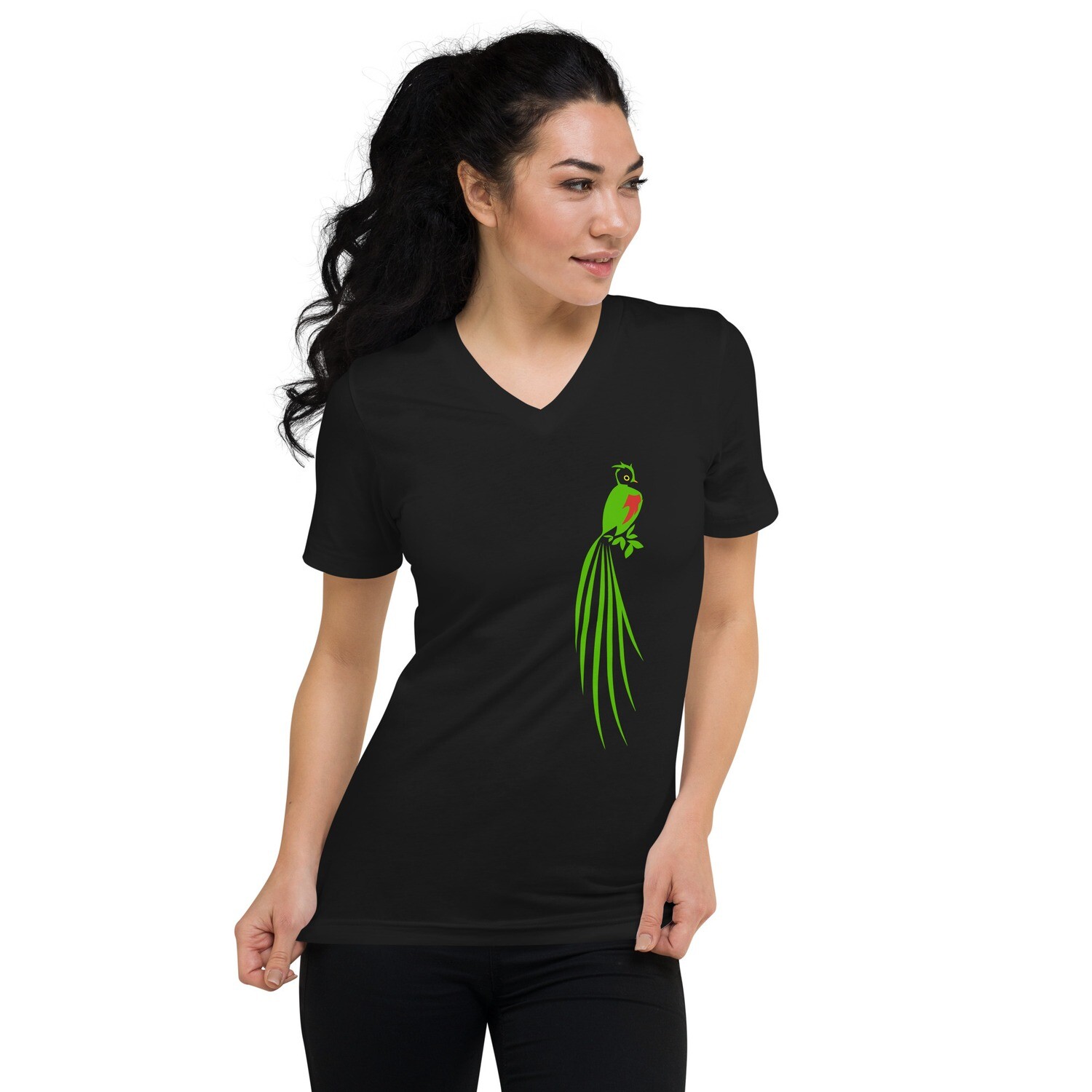 Quetzal Bird over My Heart, Women's Short Sleeve V-Neck T-Shirt