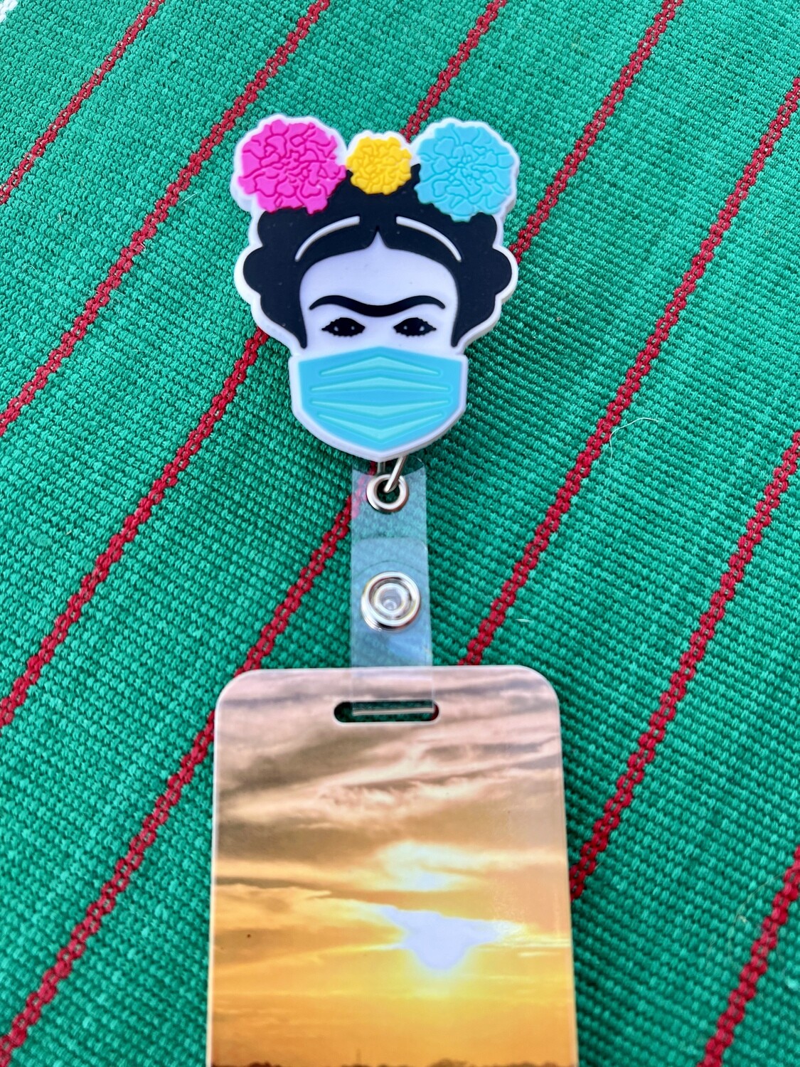 Frida With Mask design with heavy duty metal Badge/ID reel. Cabrona, Chingona, Mexican Woman Artist ID holder