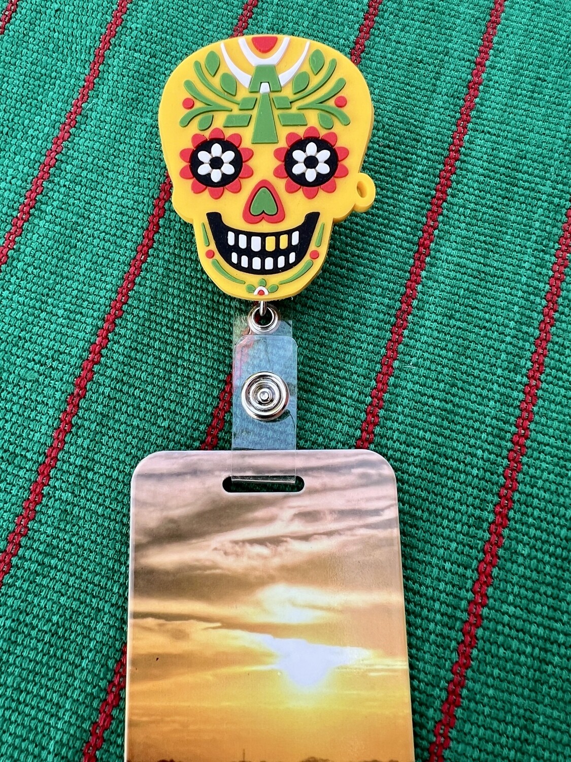 Day of The Dead Skull design with heavy duty metal reel. Mayan Temple Skull,  2 x 1.5 inch Latina Latino Nurse badge ID holder