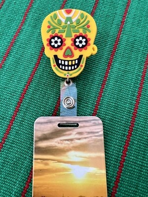 Mexican sugar skull badge ID holder, nurse gift, durable retractable metal reel